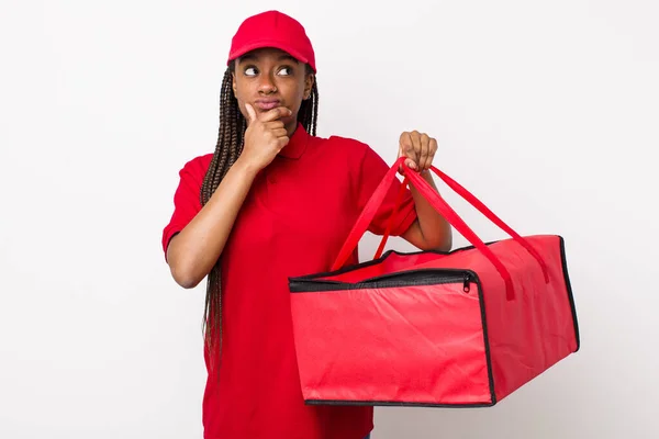 Young Adult Black Woman Thinking Feeling Doubtful Confused Pizza Delivery —  Fotos de Stock