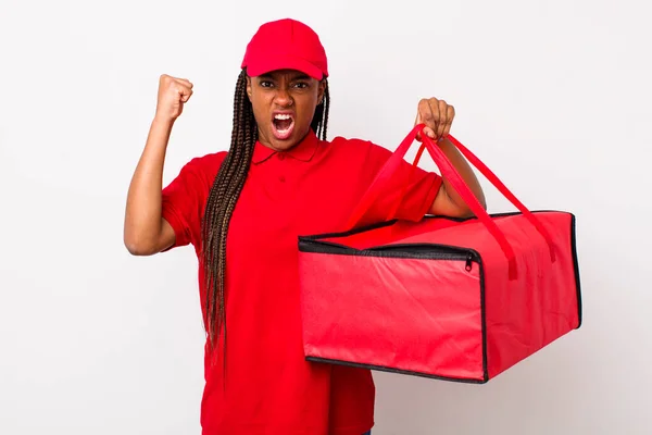 Young Adult Black Woman Shouting Aggressively Angry Expression Pizza Delivery —  Fotos de Stock