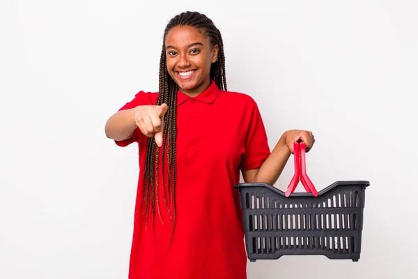 Young Adult Black Woman Pointing Camera Choosing You Empty Shopping — Photo