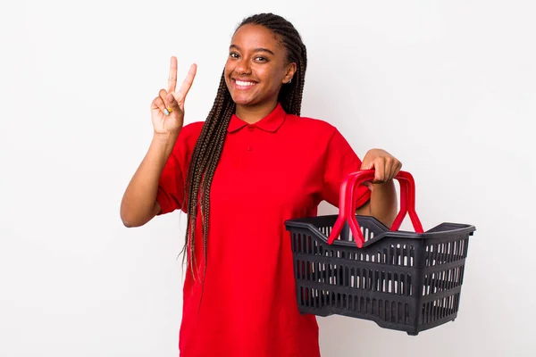 Young Adult Black Woman Smiling Looking Friendly Showing Number Two — Photo