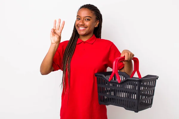 Young Adult Black Woman Smiling Looking Friendly Showing Number Three — Photo