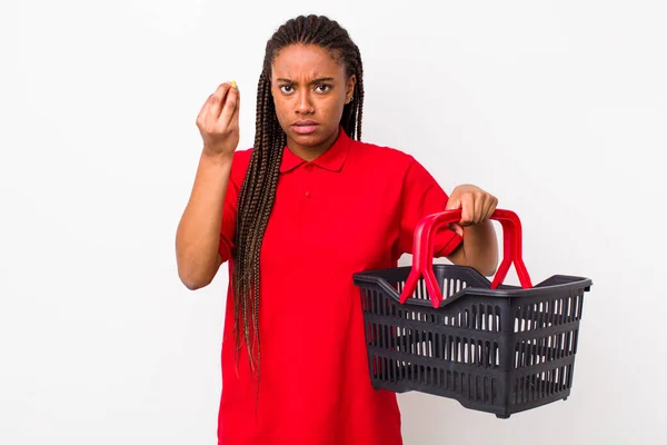 Young Adult Black Woman Making Capice Money Gesture Telling You — Photo