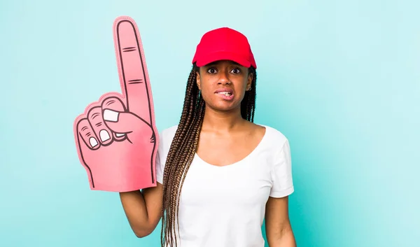 Young Adult Black Woman Looking Puzzled Confused Number One Hand —  Fotos de Stock