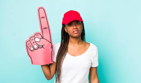 Young Adult Black Woman Feeling Puzzled Confused Number One Hand — 스톡 사진