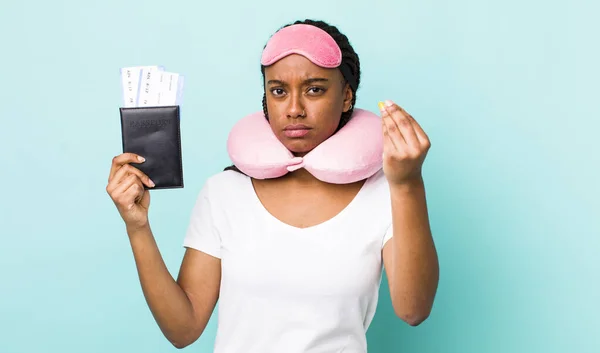 Young Adult Black Woman Making Capice Money Gesture Telling You — Zdjęcie stockowe