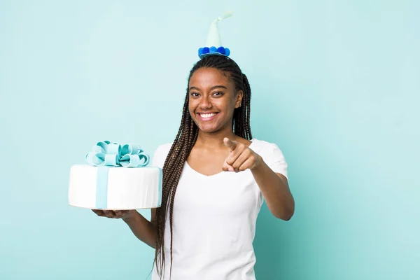 Young Adult Black Woman Pointing Camera Choosing You Birthday Concept — Fotografia de Stock