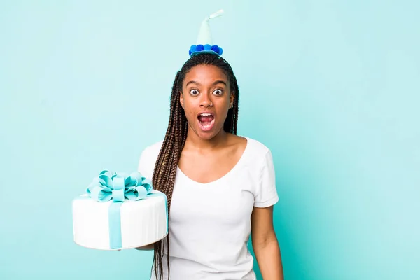 Young Adult Black Woman Looking Very Shocked Surprised Birthday Concept — Fotografia de Stock