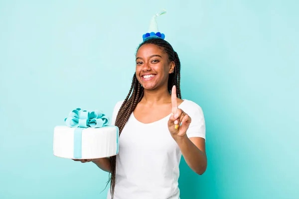Young Adult Black Woman Smiling Proudly Confidently Making Number One — Foto Stock