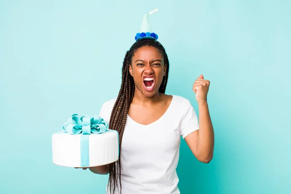 Young Adult Black Woman Shouting Aggressively Angry Expression Birthday Concept — Fotografia de Stock