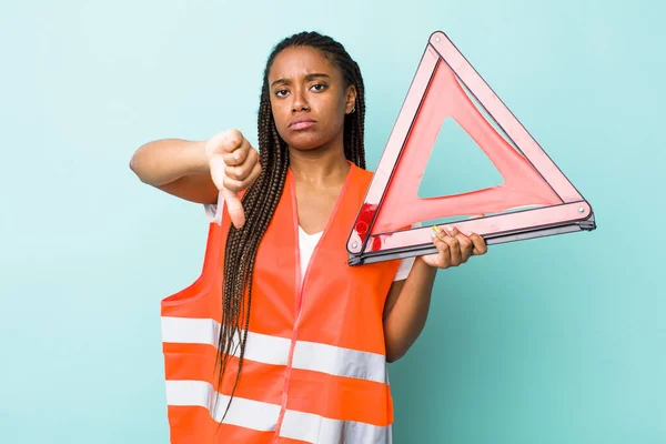 Young Adult Black Woman Feeling Cross Showing Thumbs Car Emergency — Stockfoto