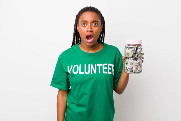Young Adult Black Woman Looking Very Shocked Surprised Volunteer Donation — Stok fotoğraf