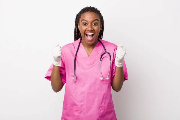 Young Adult Black Woman Feeling Shocked Laughing Celebrating Success Veterinarian — Foto Stock