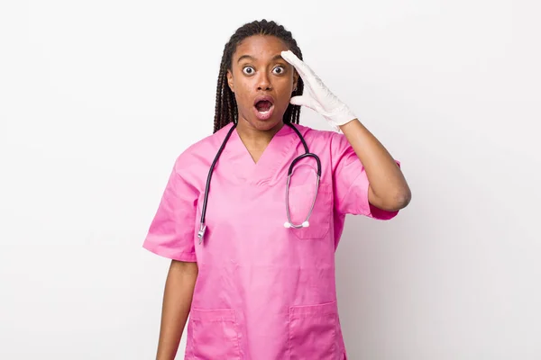 Young Adult Black Woman Looking Happy Astonished Surprised Veterinarian Concept — Foto Stock