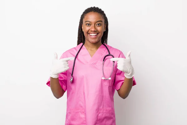 Young Adult Black Woman Feeling Happy Pointing Self Excited Veterinarian — Foto Stock