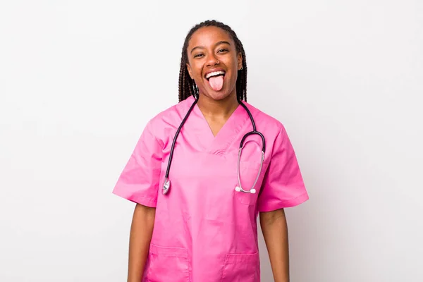 Young Adult Black Woman Cheerful Rebellious Attitude Joking Sticking Tongue — Stock fotografie