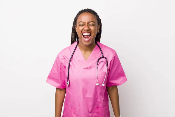 Young Adult Black Woman Shouting Aggressively Looking Very Angry Veterinarian — Stock Fotó