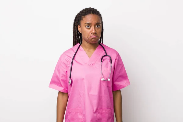 Young Adult Black Woman Feeling Sad Whiney Unhappy Look Crying — Foto Stock