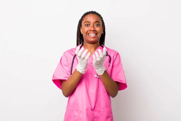 Young Adult Black Woman Looking Desperate Frustrated Stressed Veterinarian Concept — Stock Fotó