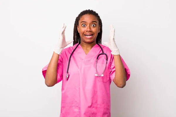 Young Adult Black Woman Screaming Hands Air Veterinarian Concept — Foto Stock