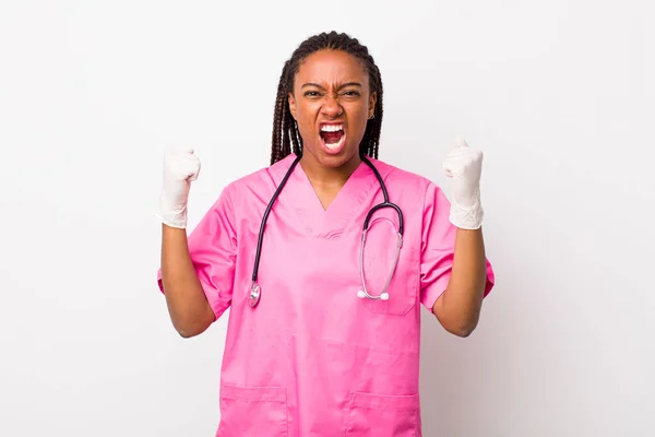 Young Adult Black Woman Shouting Aggressively Angry Expression Veterinarian Concept — Foto Stock
