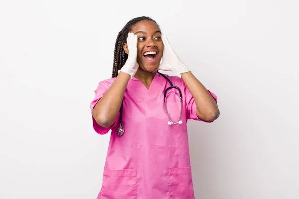Young Adult Black Woman Feeling Happy Excited Surprised Veterinarian Concept — Foto Stock