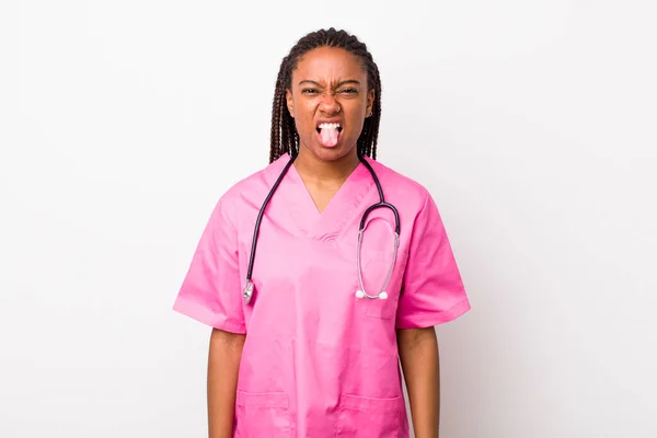 Young Adult Black Woman Feeling Disgusted Irritated Tongue Out Veterinarian — Foto Stock