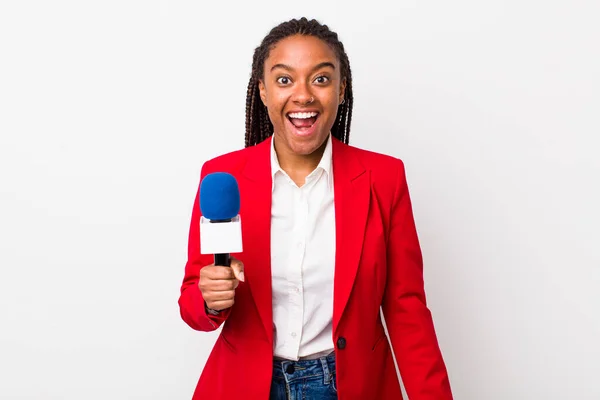Young Adult Black Woman Looking Very Shocked Surprised Presenter Microphone — 스톡 사진