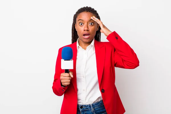 Young Adult Black Woman Looking Happy Astonished Surprised Presenter Microphone — Zdjęcie stockowe