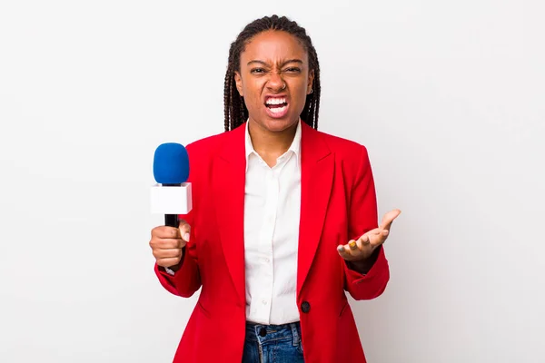Young Adult Black Woman Looking Angry Annoyed Frustrated Presenter Microphone — 스톡 사진