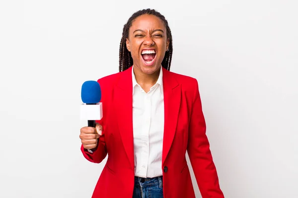 Young Adult Black Woman Shouting Aggressively Looking Very Angry Presenter —  Fotos de Stock