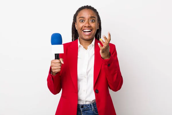 Young Adult Black Woman Looking Desperate Frustrated Stressed Presenter Microphone — 스톡 사진