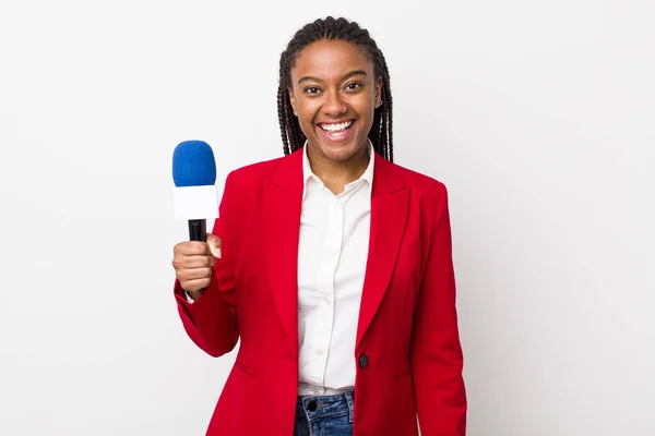 Young Adult Black Woman Looking Happy Pleasantly Surprised Presenter Microphone — Stockfoto