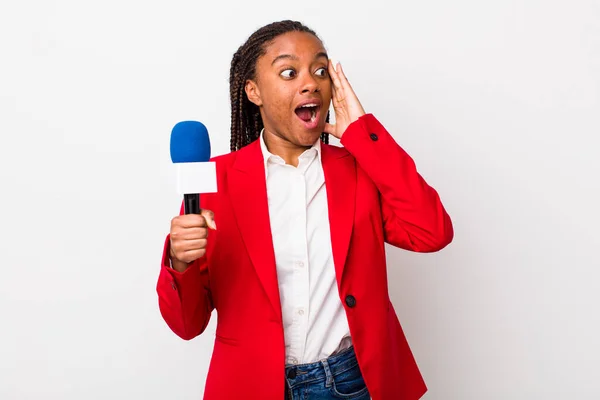 Young Adult Black Woman Feeling Happy Excited Surprised Presenter Microphone — 스톡 사진