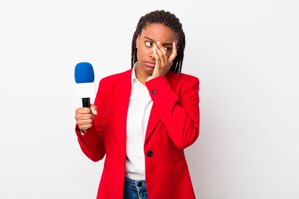 Young Adult Black Woman Feeling Bored Frustrated Sleepy Tiresome Presenter — 스톡 사진