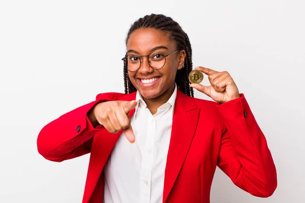 Young Adult Black Woman Pointing Camera Choosing You Crypto Coin — Fotografia de Stock