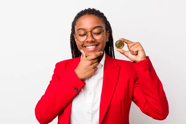 Young Adult Black Woman Smiling Happy Confident Expression Hand Chin — Fotografia de Stock