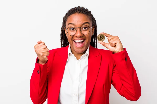 Young Adult Black Woman Feeling Shocked Laughing Celebrating Success Crypto — Fotografia de Stock