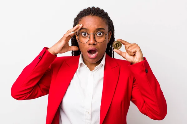 Young Adult Black Woman Looking Happy Astonished Surprised Crypto Coin — Fotografia de Stock