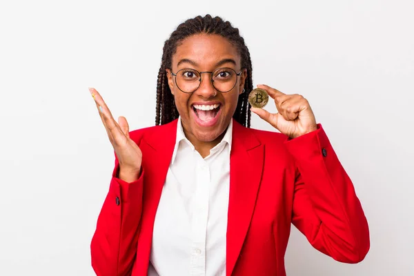 Young Adult Black Woman Feeling Happy Astonished Something Unbelievable Crypto — Stockfoto