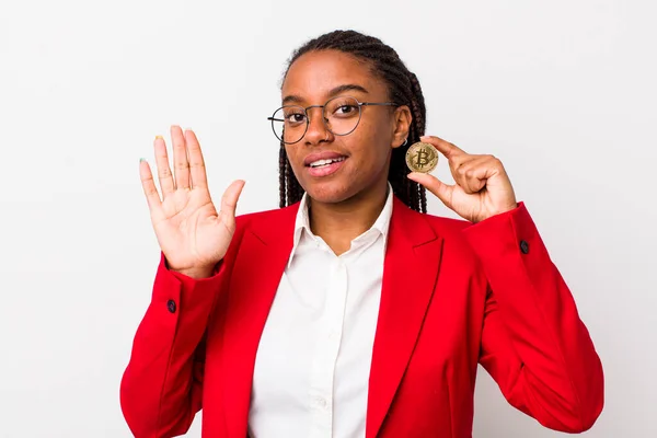 Young Adult Black Woman Smiling Happily Waving Hand Welcoming Greeting — Stockfoto