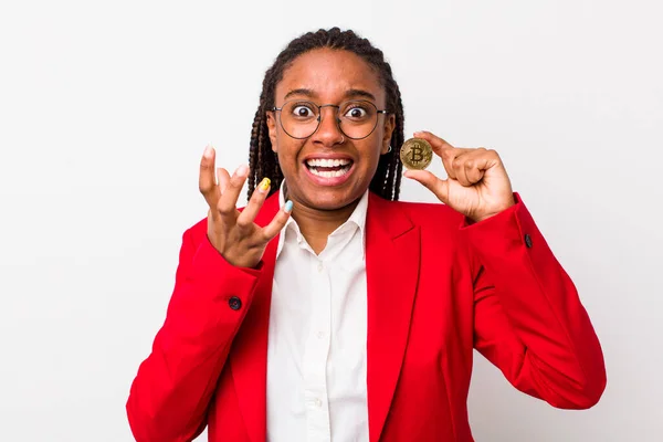 Young Adult Black Woman Looking Desperate Frustrated Stressed Crypto Coin — Stockfoto