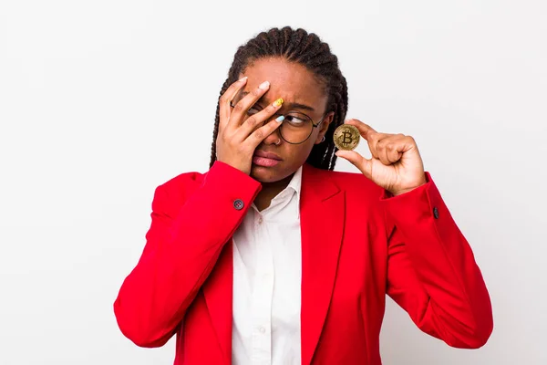 Young Adult Black Woman Feeling Bored Frustrated Sleepy Tiresome Crypto — 스톡 사진