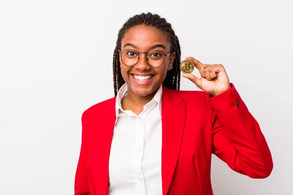 Young Adult Black Woman Looking Happy Pleasantly Surprised Crypto Coin — Fotografia de Stock