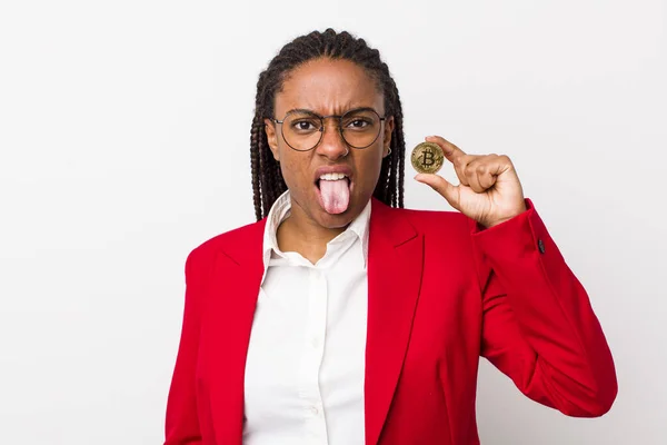 Young Adult Black Woman Feeling Disgusted Irritated Tongue Out Crypto — Fotografia de Stock