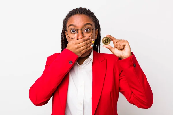 Young Adult Black Woman Covering Mouth Hands Shocked Crypto Coin — Fotografia de Stock