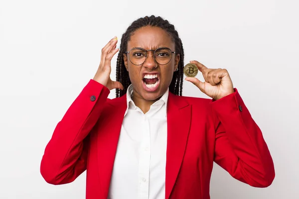 Young Adult Black Woman Screaming Hands Air Crypto Coin Concept — Stockfoto