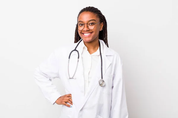 Young Adult Black Woman Smiling Happily Hand Hip Confident Physician — Stock fotografie