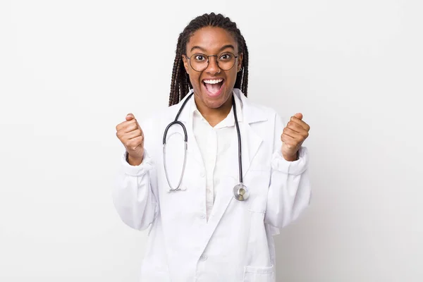 Young Adult Black Woman Feeling Shocked Laughing Celebrating Success Physician — Foto Stock