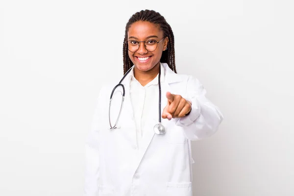 Young Adult Black Woman Pointing Camera Choosing You Physician Concept — Foto Stock