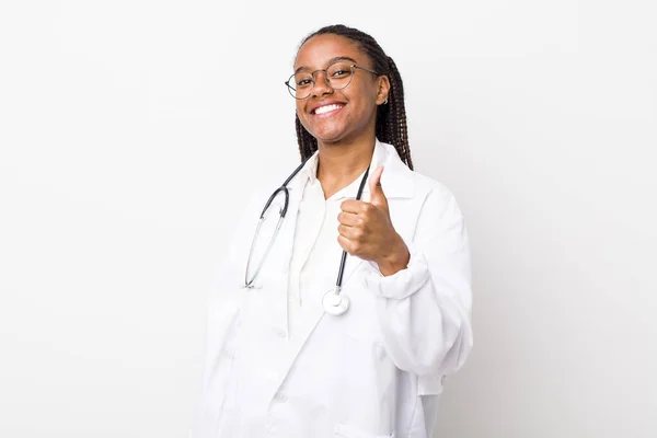 Young Adult Black Woman Feeling Proud Smiling Positively Thumbs Physician — Stock fotografie